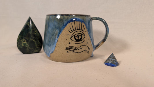 Mystical Mug - Blue with Hand, Eye, Moth and Moon Phases