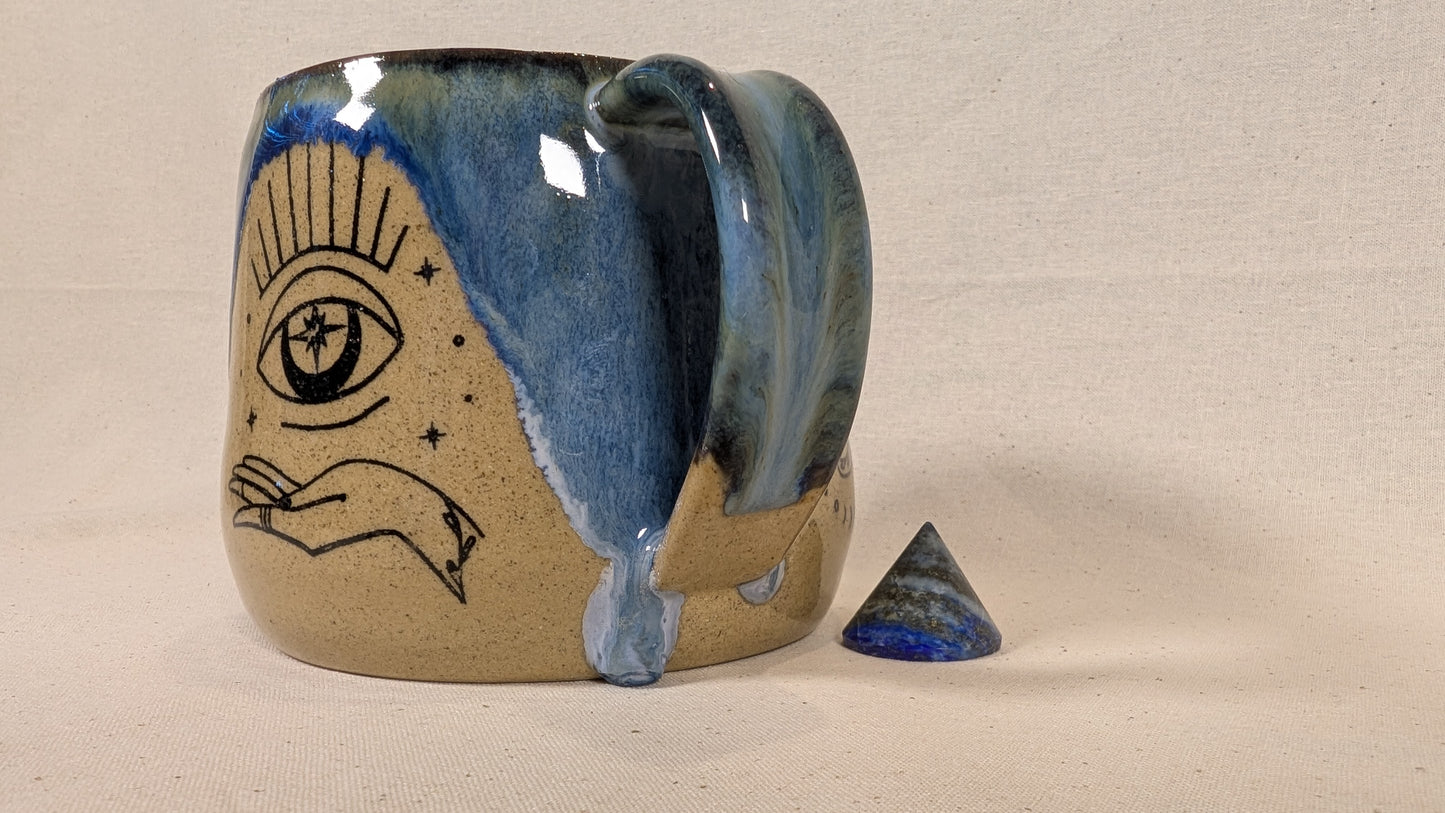 Mystical Mug - Blue with Hand, Eye, Moth and Moon Phases